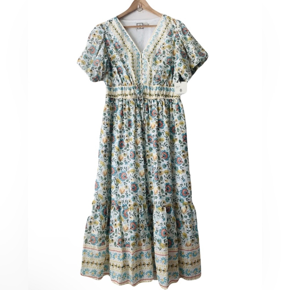 NWT Anthropologie Léa Floral Tiered Maxi Dress Size 1X Blue Yellow Cottagecore